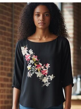Ann Taylor Black Blouse with Diagonal Floral Print
